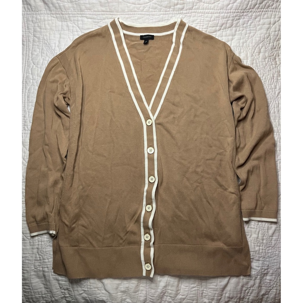Talbots Womens Medium Camel Tan White Trim V-Neck Button Front Cardigan Sweater